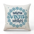Funda de cojín navideña de lino con corona de copos azules y texto de deseos de invierno - Guirnalda de Copos Crema-warm WINTER wishes
