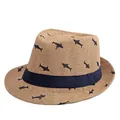 Khaki straw fedora hat for kids with black shark print and dark blue decorative band - Kids (52-54cm) / Dark Khaki
