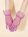 Short purple polka dot mesh gloves with elegant lace ruffles for brides and weddings - One Size / Purple (Purple Polka Dots)