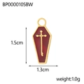 Macro detail of coffin cross pendant with gold border and red inlay including dimensions - Cross Coffin