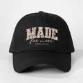 Close-up of black baseball cap with floral MADE for more text and Bible verse embroidery - One Size / Black