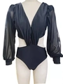 Detail of black one-piece swimsuit with deep V-neck, waist cutouts, and sheer mesh long sleeves - S / Solid Black