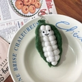 Handmade wool felt pea pod keychain with cute smiling white peas and metal ring - Pea Pod Single