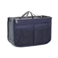 Dual zipper handbag organizer in navy blue and grey nylon with multiple mesh pockets - Navy Blue
