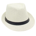 Close-up of white woven straw hat featuring a black leather band and metal buckle detail - Cream