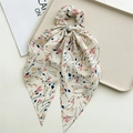 Detail of floral chiffon scrunchie with long ribbons in cream pink and yellow floral - Khaki Tulip (Style G)