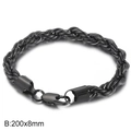 Bracciale a catena a corda intrecciata nera da 8mm in acciaio inox con chiusura a moschettone - 20cm / Fibbia Quadrata 8mm / Nero