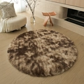 Plush round area rug in brown and beige tie-dye finish on a wooden living room floor - Tie-dye Dark Coffee