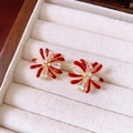 Close-up of red flower earrings with 18k gold plating and zircon inlay in a jewelry box - Silver Needle-Gold-Red-18K Gold Plating