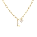 Detail of gold letter L necklace with zircon heart charm and rectangular gems on a ring chain - Letter A / Gold