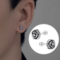 Vintage S925 sterling silver rose stud earring with punk style for men and women - Screw Rose Pair / Antique Silver