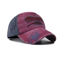 Detail of vintage washed cotton baseball cap with New York embroidery and 1985 patch - Adjustable / Washed Wine Red