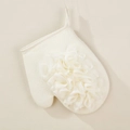 Exfoliating bath mitt in white textured fabric with central nylon mesh flower detail - 6051-1 Bath Flower Flat Glove (Beige)