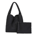 Chic black woven neoprene tote bag and matching clutch 2-piece set for women - Black