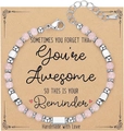 Pink stone beaded bohemian bracelet with silver steel accents on a greeting card - Awesome Card Style / With Card / Rose Quartz