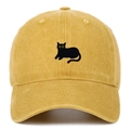 Close-up of black cat embroidery on yellow washed cotton baseball cap with textured finish - Adjustable / Yellow