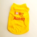 Close-up of yellow dog vest with red I love my Mommy print and pink heart pattern - Yellow I Love Mommy