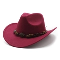 Detail of wine red wool felt cowboy hat with vintage wooden bead hatband on white background - M (56-58cm) / Burgundy