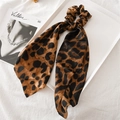 Brown leopard print satin scrunchie with streamer on a white tray backdrop - Dark Brown Leopard