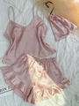 Pink satin camisole pajama set with matching ruffle shorts and drawstring storage bag - S / Lotus Pink