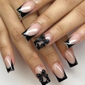 Glanzende zwarte Franse press-on nagels met 3D-strikken op lange vierkante tips - Gelei Lijm + Nagelvijl / Franse Zwarte Strik (DW63)