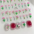 Detailed pink tulip and bunny nail art stickers applied on burgundy gradient nails - YO-022 Tulip