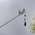 Silver hairpin with green crescent and black drop tassel in vintage Chinese style - F0823 Short Tassel
