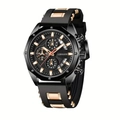Men's sporty multi-function watch with black silicone strap and golden dial accents - Black