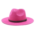 Detail of fuchsia Fedora straw hat with black leather band and golden metallic studs - Rose Red
