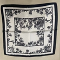 Square black and white silk scarf featuring botanical floral and bee patterns - Ink-wash Floral Square Scarf / 65