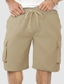 Detailed view of khaki cargo shorts with elastic drawstring waist and side flap pockets - S / Khaki