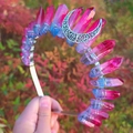 Detail of pink and blue gradient crystal crown with silver moon on metal headband - Blue & Red Mix + White K Moon