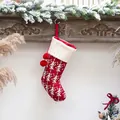 Knitted red Christmas stocking with white snowflake patterns and plush pompoms - Tree Pattern (SDW019)