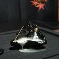 Black ceramic backflow incense burner with mountain and tree design, 12.3x6.4x9.1 CM - Connected Mountains & Rivers