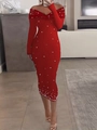 Elegantes rotes schulterfreies langärmliges Kleid mit weißen Perlenverzierungen - S / Rot