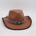Brown western cowboy hat with ethnic embroidery and turquoise stone decoration - One Size / Khaki Black Edge (Oval Blue Stone)