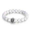 White marbled stone bead bracelet featuring a silver skull accent on elastic cord - 10mm White Turquoise Skull Style (KB70684-BD)