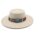 Dettaglio della fascia bohémien con fibbia turchese su cappello beige a tesa piatta - M (56-58cm) / Beige