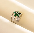 Adjustable 304 stainless steel ring with green enamel flower and triple-band braided design - Adjustable Open / Silver-Emerald Green