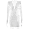 Robe moulante blanche élégante à manches longues avec décolleté en V et détails froncés - S / Blanc