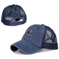 Casquette de baseball bleu marine à queue de cheval avec broderie papillon drapeau USA - Taille unique / Bleu Marine