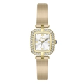 Montre carrée dorée pour femme avec lunette en cristal et couronne en saphir bleu - Boîtier Doré Cadran Blanc Bracelet Abricot