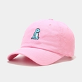 Close-up of cute blue dinosaur embroidery on a soft pink cotton baseball cap - M (56-58cm) / Pink