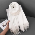 Soft white cashmere-feel winter scarf featuring elegant fringed edges for women - 68x180cm / White