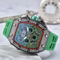 Tonneau luxury watch with green rubber strap and diamond-set case in macro view - Green Dial Black Case Green Strap