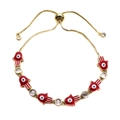 Gold Hamsa Hand adjustable bracelet with red enamel charms and clear cubic zirconia stones - Red