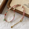 Beaded necklace with pink tiger eye, freshwater pearls, and green teardrop gemstone - Rhodochrosite Necklace XL0692