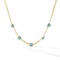 Detail of a gold snake chain necklace featuring five square turquoise stone pendants - Square Turquoise Snake Chain / Gold/Blue Green