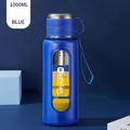 Blue 1000ml double-layer glass water bottle with tea infuser and portable strap - 1000ML-Steel Lid Cup / Blue (Long Filter)