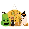 Halloween hanging ornament with green pumpkin, black cat, and Trick or Treat text on yellow base - Halloween Ghost Door Hanger